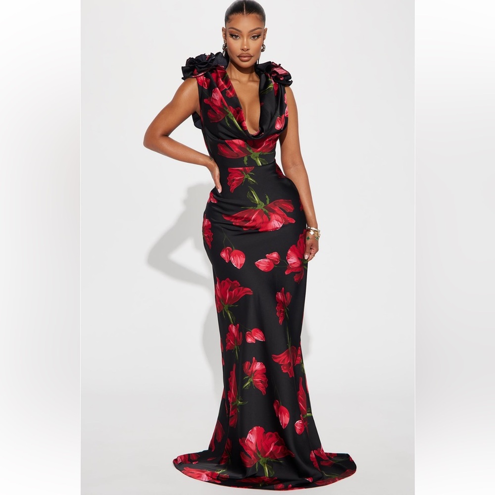 Cowl Neck Floral Satin Maxi Dress